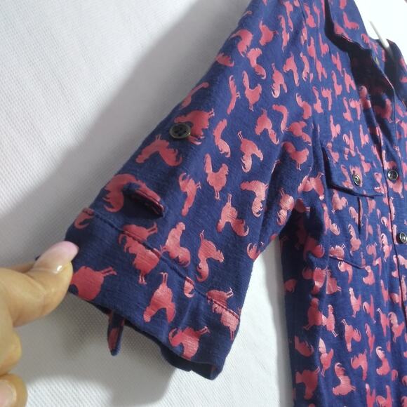Copper Key Navy Blue Red Rooster Novelty Knit Button Blouse  3/4 Sleeve Size S - Picture 3 of 7